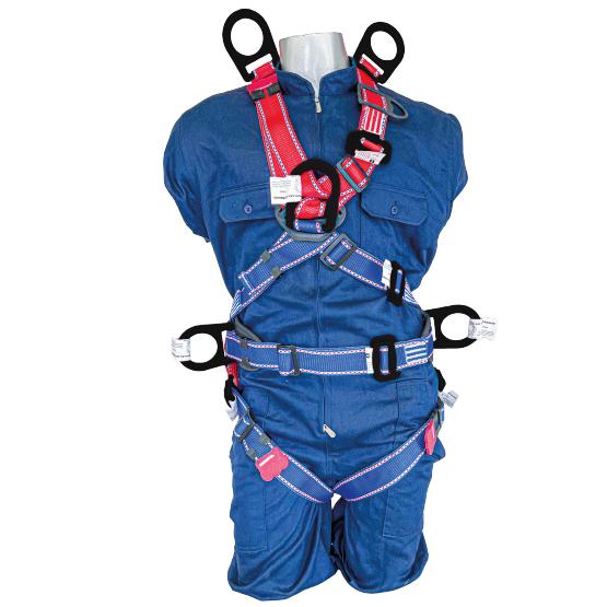 Arnés de cuerpo entero, espacios confinados,6 argollas con protección dieléctrica, en forma de X, con faja lumbar