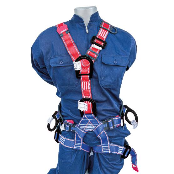 Arnés de cuerpo entero, 5 argollas con protección dieléctrica, en forma de Y, incluye faja de protección lumbar y perneras