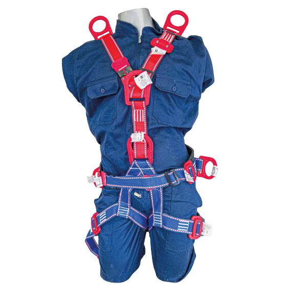 Arnés de cuerpo entero, espacios confinados, 7 argollas en forma de Y, herraje con protección a la oxidación, incluye faja de protección lumbar y perneras